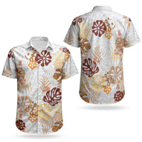 Brown Aloha Hawaiian Couples Matching Puletasi and Hawaiian Shirt Monstera Hibiscus Tropical Pattern