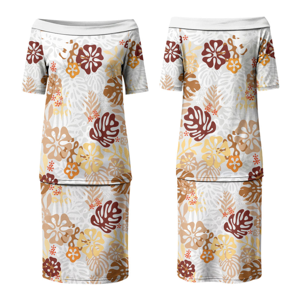 Brown Aloha Hawaiian Couples Matching Puletasi and Hawaiian Shirt Monstera Hibiscus Tropical Pattern