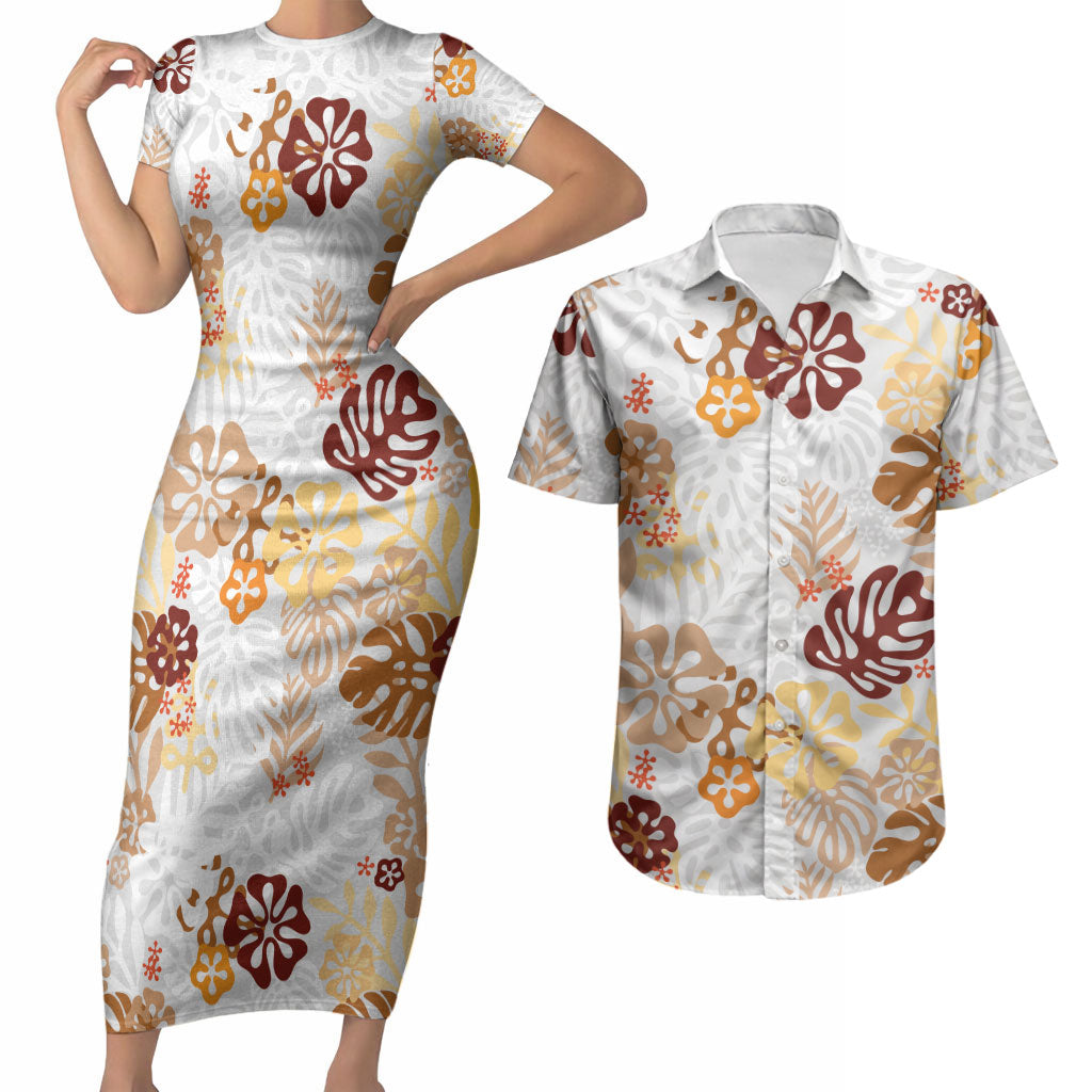 Brown Aloha Hawaiian Couples Matching Short Sleeve Bodycon Dress and Hawaiian Shirt Monstera Hibiscus Tropical Pattern LT19 Brown - Polynesian Pride
