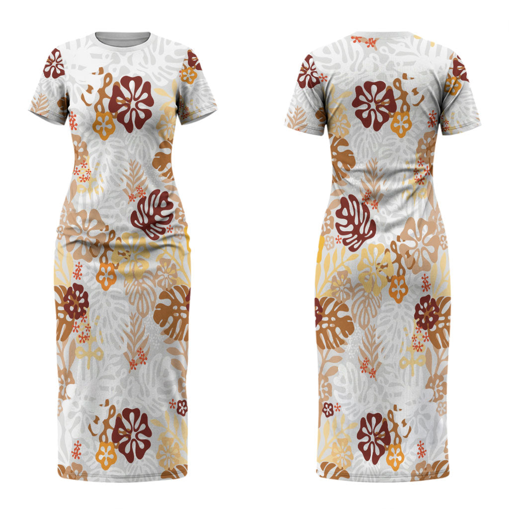 Brown Aloha Hawaiian Couples Matching Short Sleeve Bodycon Dress and Hawaiian Shirt Monstera Hibiscus Tropical Pattern