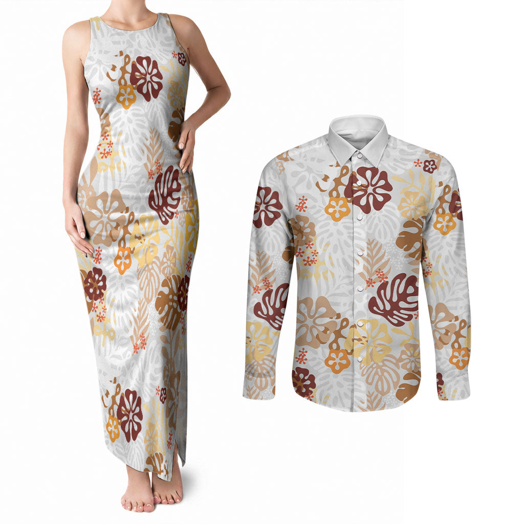 Brown Aloha Hawaiian Couples Matching Tank Maxi Dress and Long Sleeve Button Shirt Monstera Hibiscus Tropical Pattern