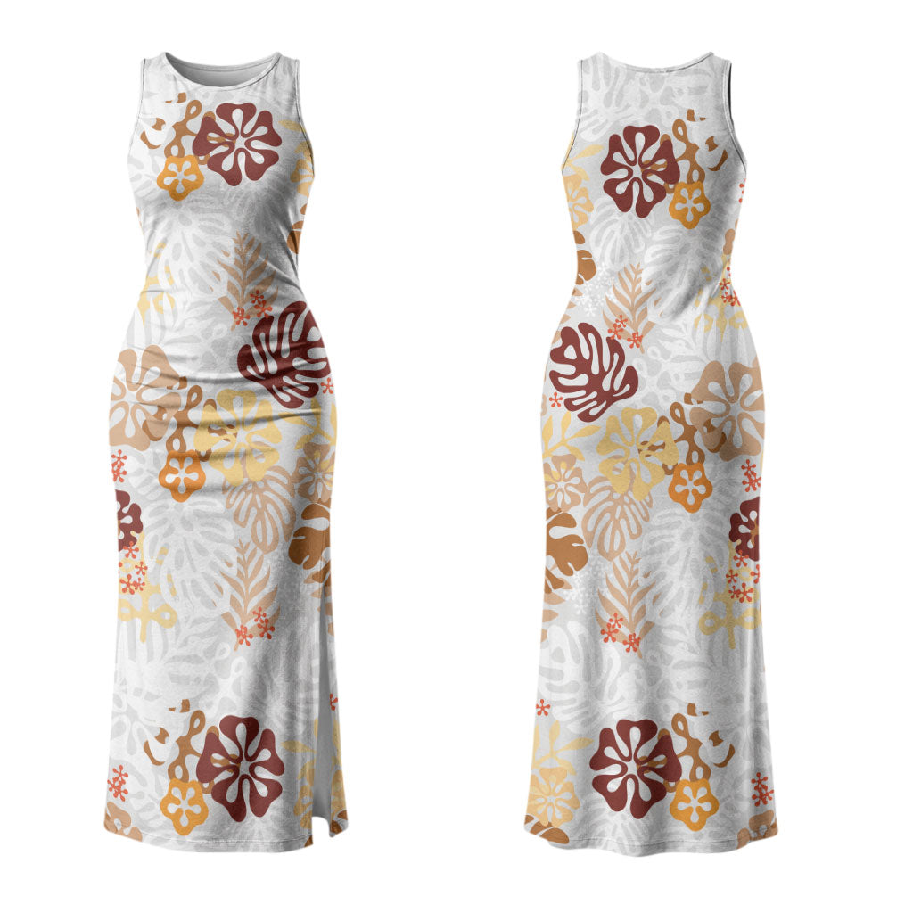 Brown Aloha Hawaiian Couples Matching Tank Maxi Dress and Long Sleeve Button Shirt Monstera Hibiscus Tropical Pattern