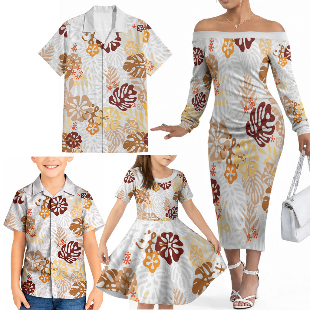 Brown Aloha Hawaiian Family Matching Off The Shoulder Long Sleeve Dress and Hawaiian Shirt Monstera Hibiscus Tropical Pattern LT19 - Polynesian Pride