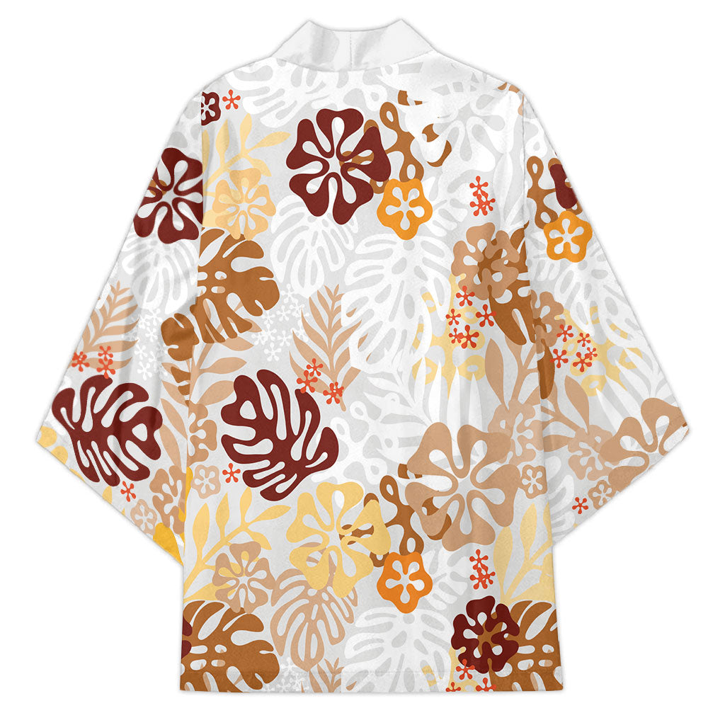 Brown Aloha Hawaiian Kimono Monstera Hibiscus Tropical Pattern