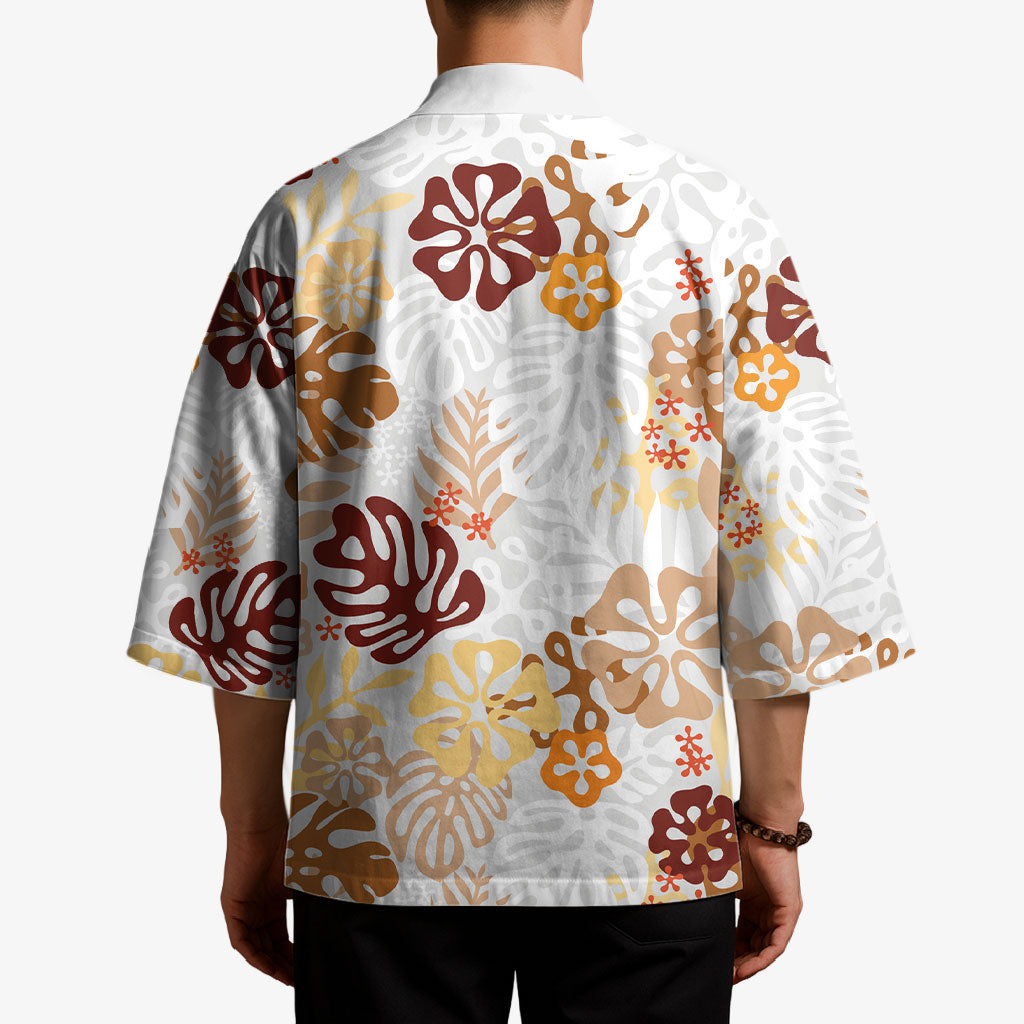 Brown Aloha Hawaiian Kimono Monstera Hibiscus Tropical Pattern