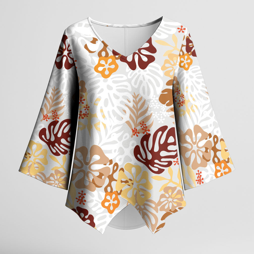 Brown Aloha Hawaiian Kimono Sleeve Blouse Monstera Hibiscus Tropical Pattern