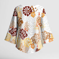 Brown Aloha Hawaiian Kimono Sleeve Blouse Monstera Hibiscus Tropical Pattern