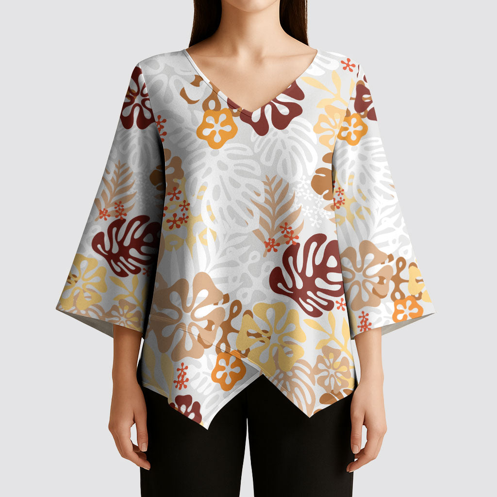 Brown Aloha Hawaiian Kimono Sleeve Blouse Monstera Hibiscus Tropical Pattern