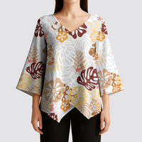 Brown Aloha Hawaiian Kimono Sleeve Blouse Monstera Hibiscus Tropical Pattern