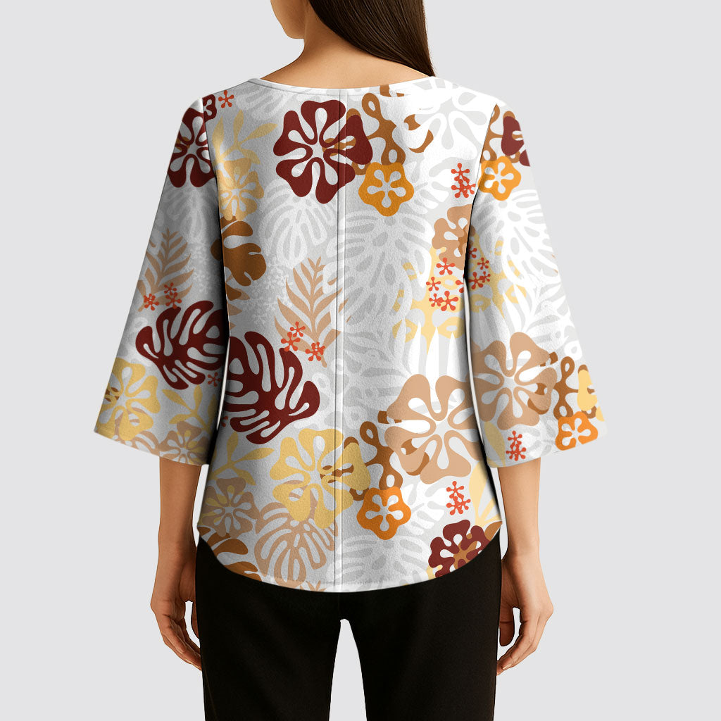 Brown Aloha Hawaiian Kimono Sleeve Blouse Monstera Hibiscus Tropical Pattern