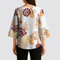 Brown Aloha Hawaiian Kimono Sleeve Blouse Monstera Hibiscus Tropical Pattern