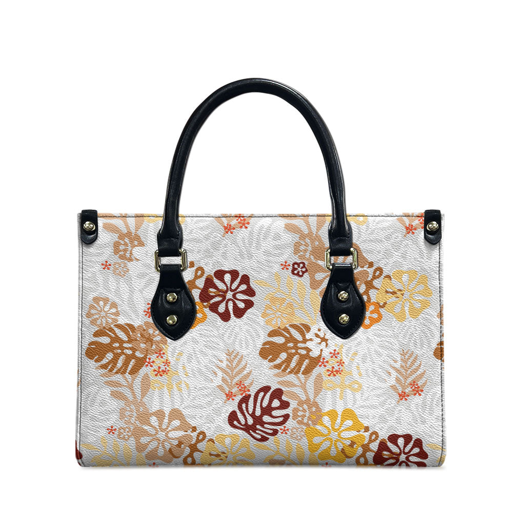Brown Aloha Hawaiian Leather Bag Monstera Hibiscus Tropical Pattern