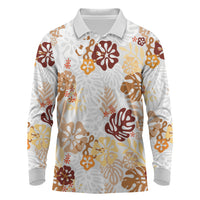 Brown Aloha Hawaiian Long Sleeve Polo Shirt Monstera Hibiscus Tropical Pattern