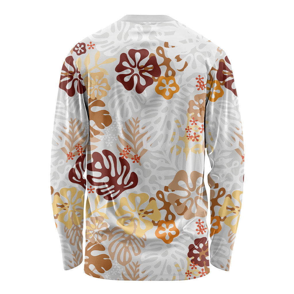 Brown Aloha Hawaiian Long Sleeve Shirt Monstera Hibiscus Tropical Pattern