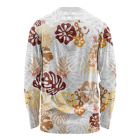 Brown Aloha Hawaiian Long Sleeve Shirt Monstera Hibiscus Tropical Pattern