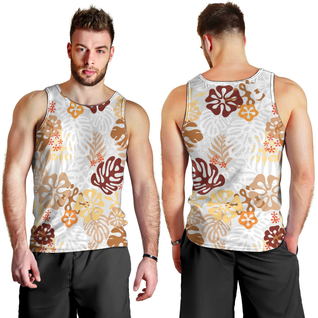 Brown Aloha Hawaiian Men Tank Top Monstera Hibiscus Tropical Pattern