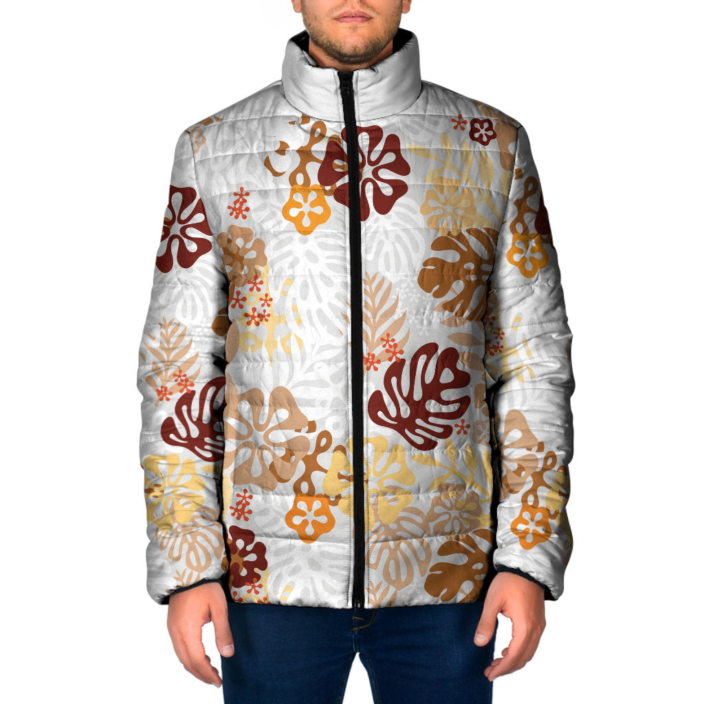 Brown Aloha Hawaiian Padded Jacket Monstera Hibiscus Tropical Pattern