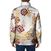 Brown Aloha Hawaiian Padded Jacket Monstera Hibiscus Tropical Pattern