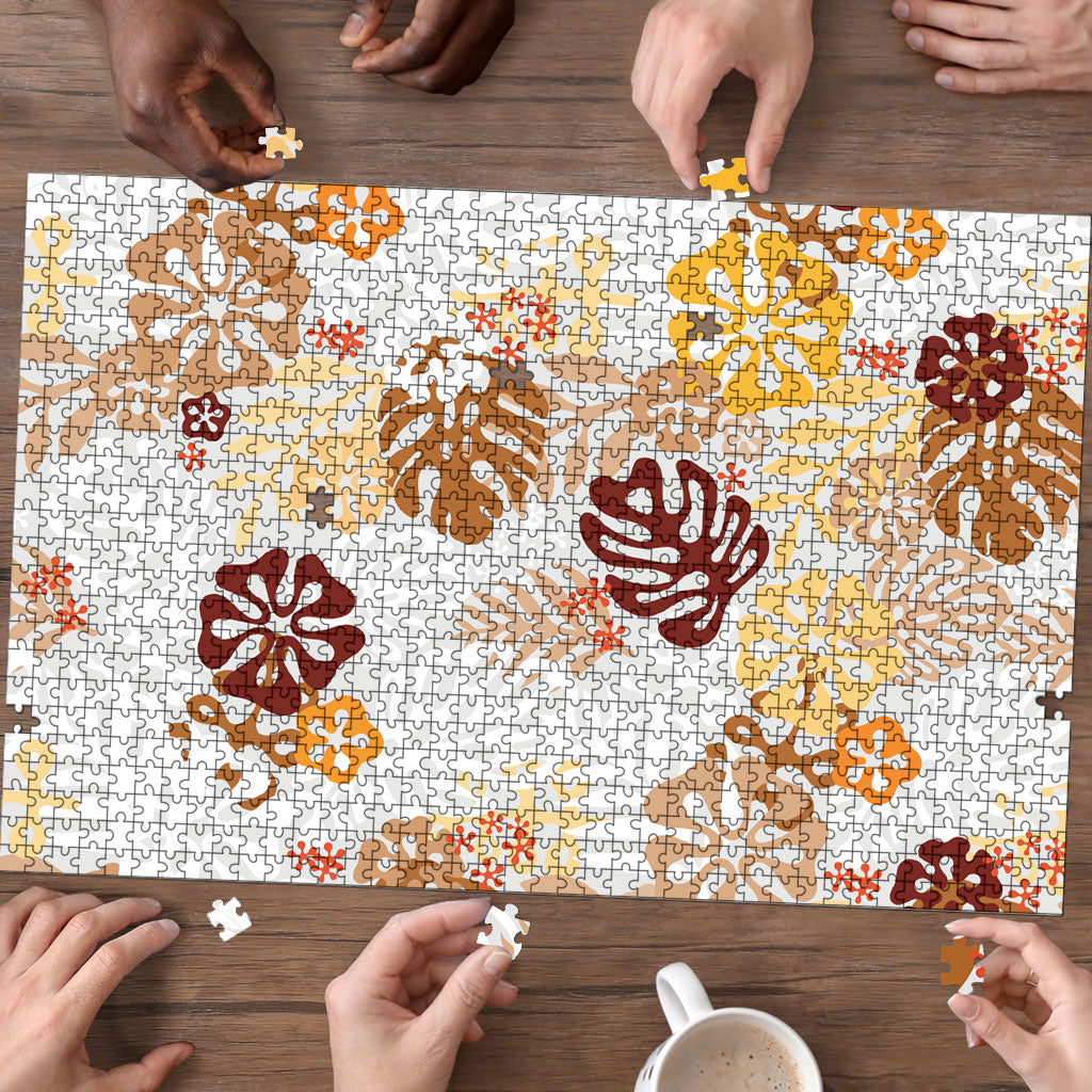 Brown Aloha Hawaiian Puzzle Monstera Hibiscus Tropical Pattern