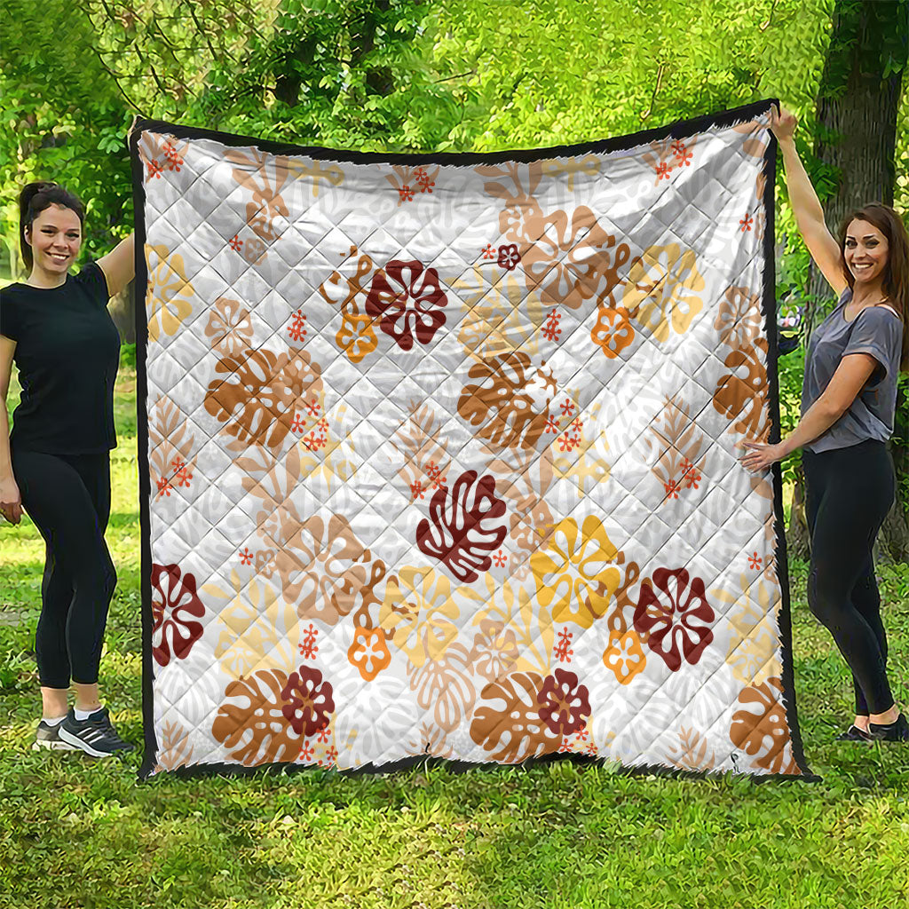 Brown Aloha Hawaiian Quilt Monstera Hibiscus Tropical Pattern
