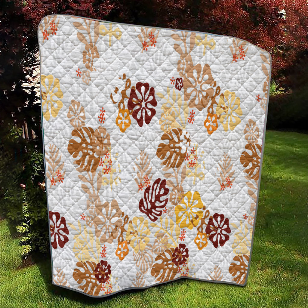 Brown Aloha Hawaiian Quilt Monstera Hibiscus Tropical Pattern