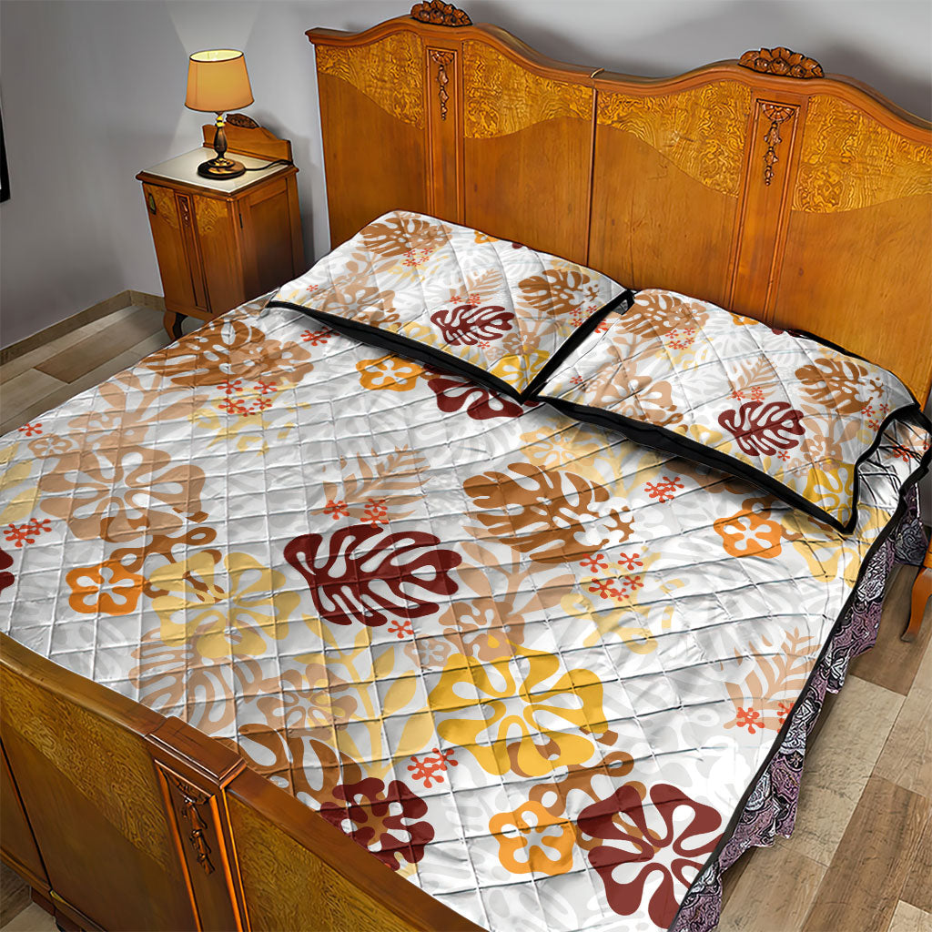 Brown Aloha Hawaiian Quilt Bed Set Monstera Hibiscus Tropical Pattern