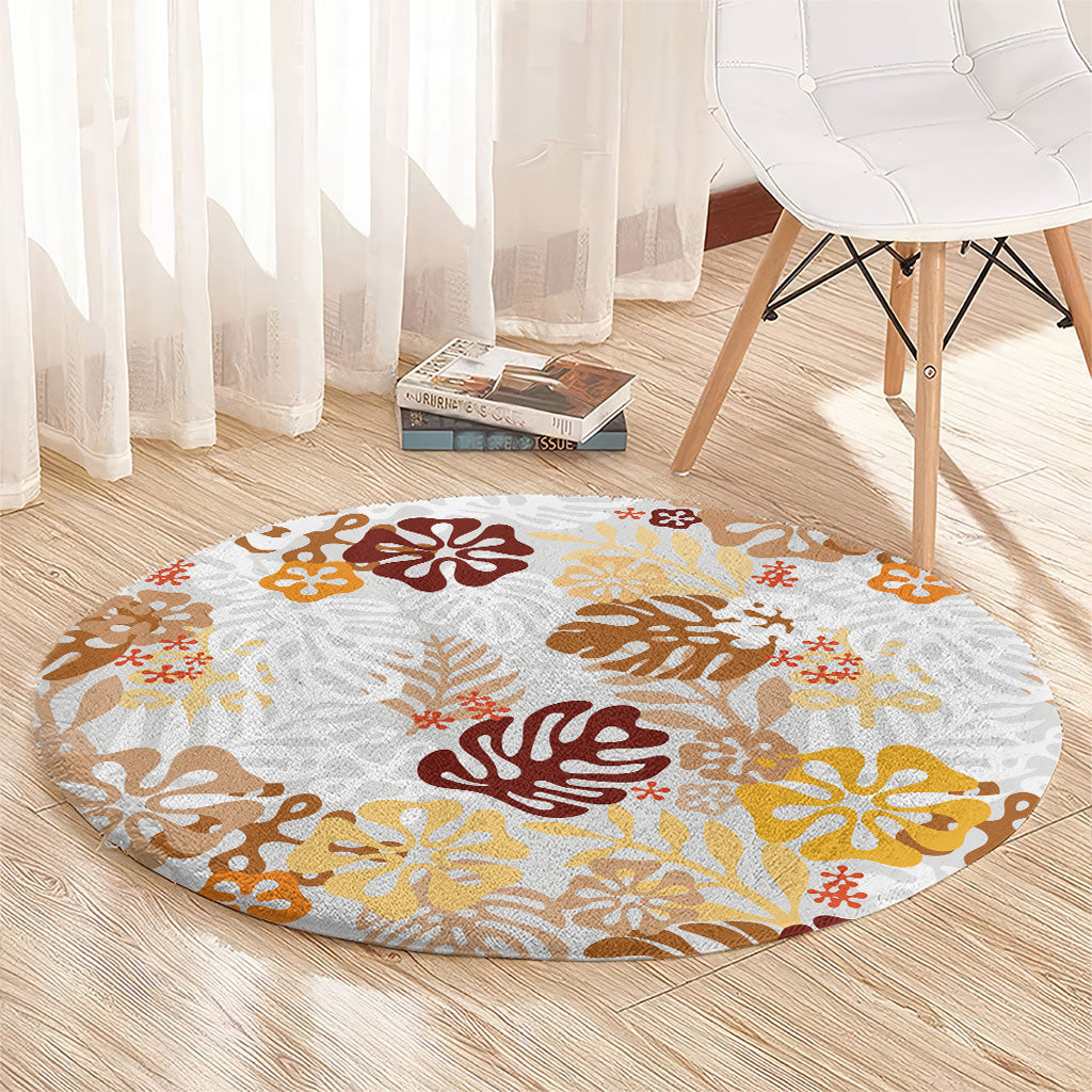 Brown Aloha Hawaiian Round Carpet Monstera Hibiscus Tropical Pattern