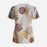 Brown Aloha Hawaiian Scrub Top Monstera Hibiscus Tropical Pattern