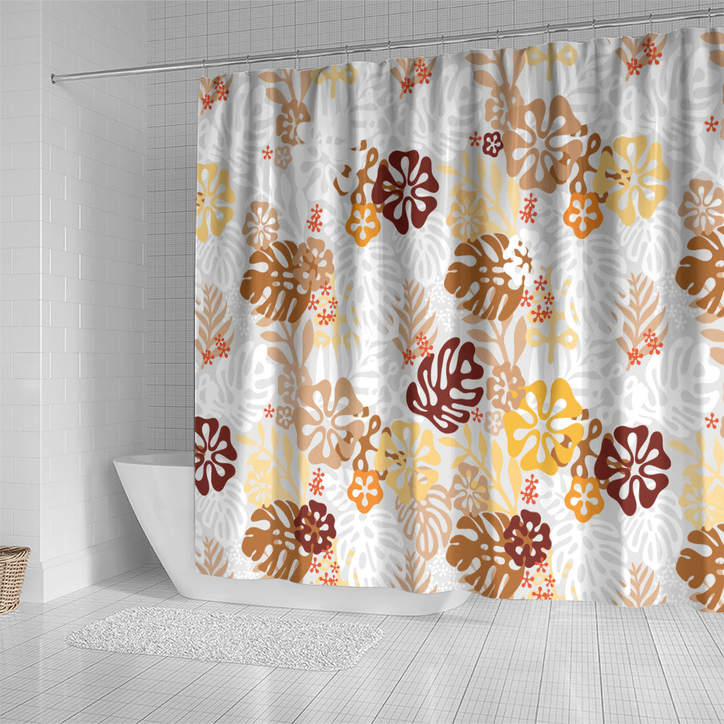 Brown Aloha Hawaiian Shower Curtain Monstera Hibiscus Tropical Pattern