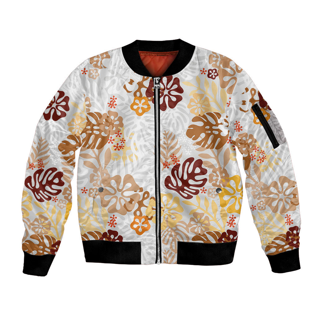 Brown Aloha Hawaiian Sleeve Zip Bomber Jacket Monstera Hibiscus Tropical Pattern