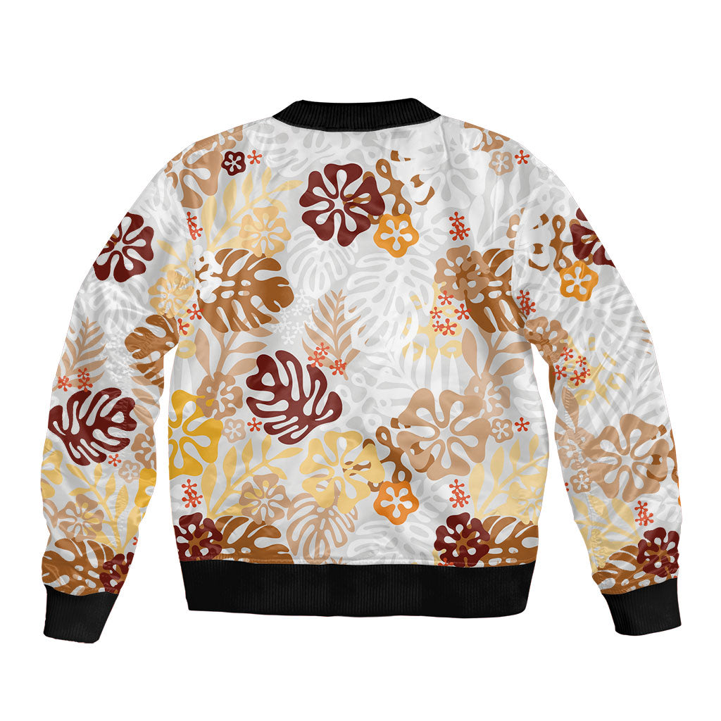 Brown Aloha Hawaiian Sleeve Zip Bomber Jacket Monstera Hibiscus Tropical Pattern