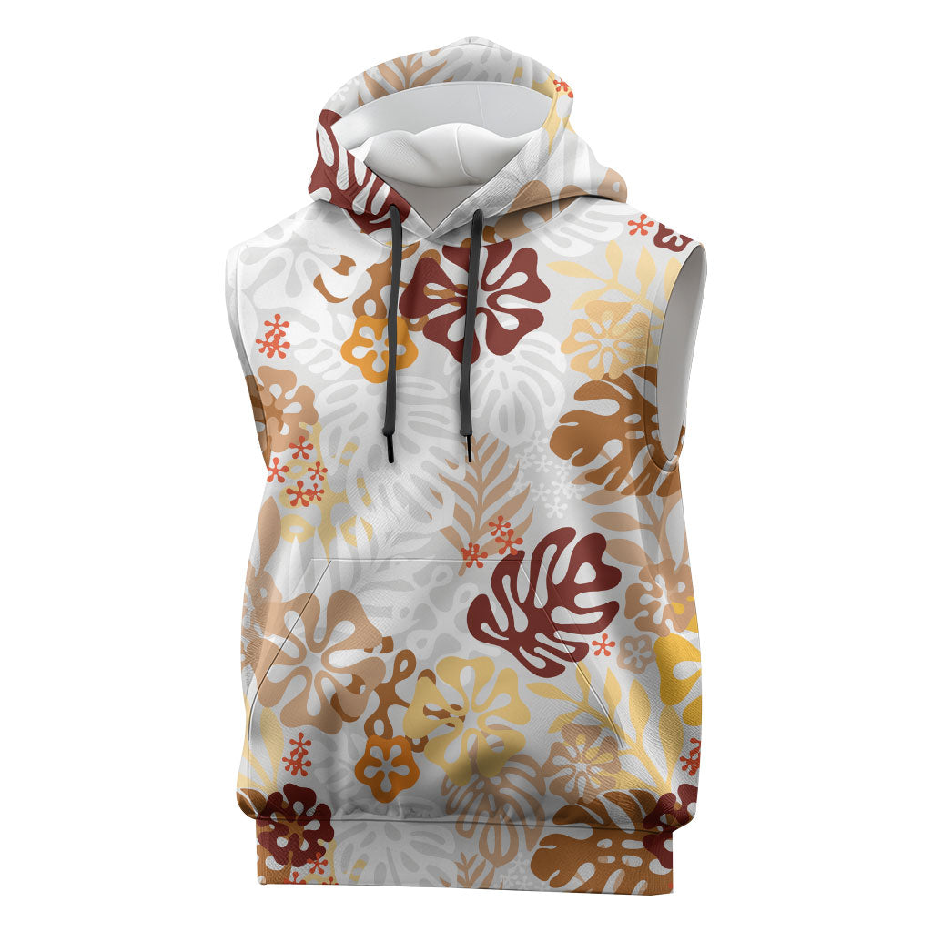 Brown Aloha Hawaiian Sleeveless Hoodie Monstera Hibiscus Tropical Pattern