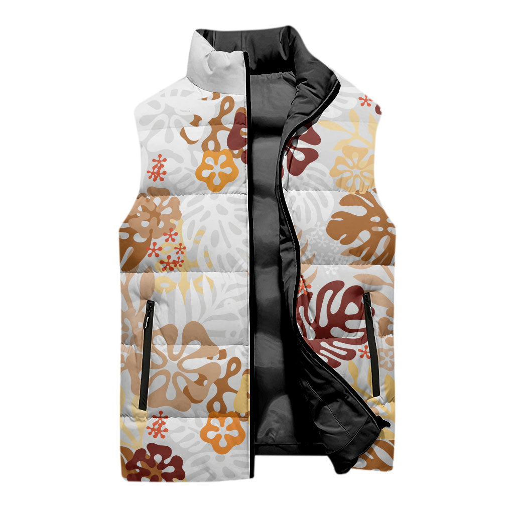 Brown Aloha Hawaiian Sleeveless Puffer Jacket Monstera Hibiscus Tropical Pattern