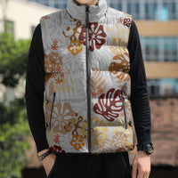 Brown Aloha Hawaiian Sleeveless Puffer Jacket Monstera Hibiscus Tropical Pattern
