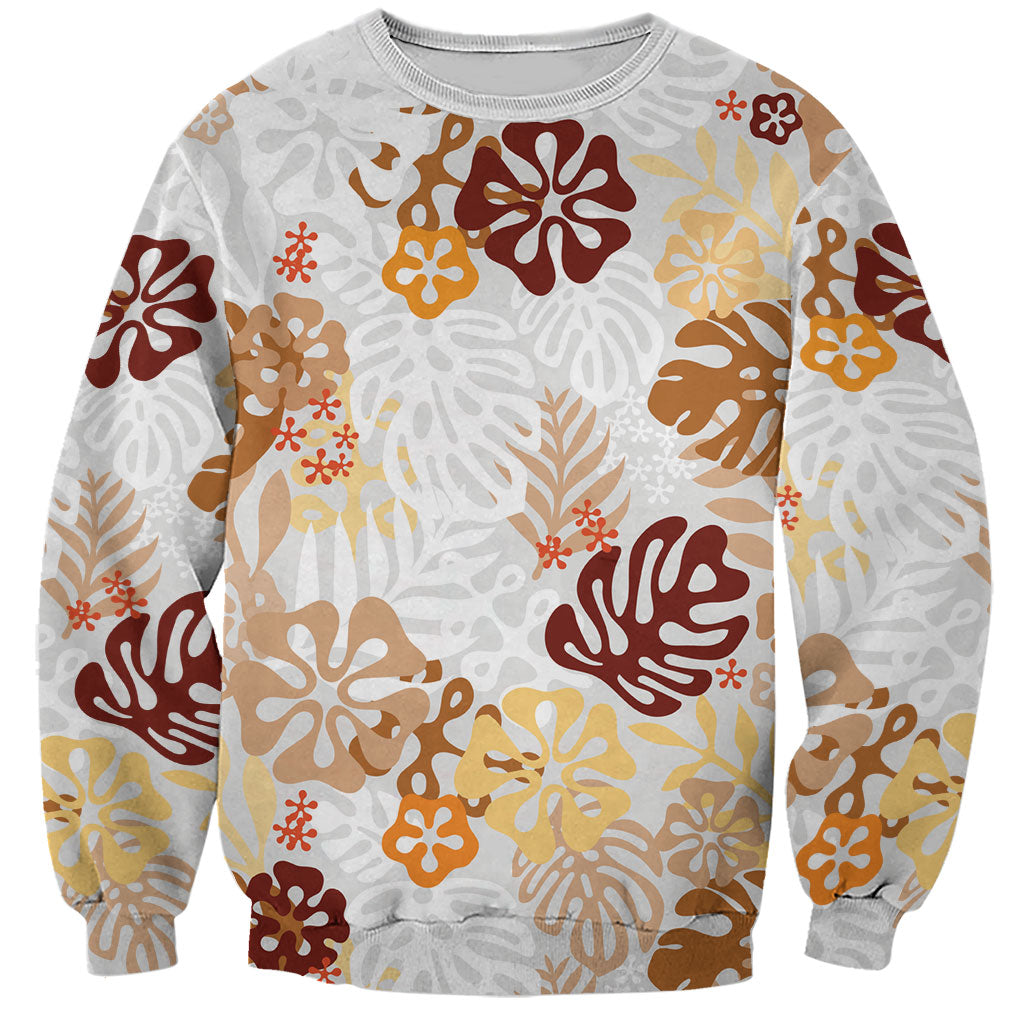 Brown Aloha Hawaiian Sweatshirt Monstera Hibiscus Tropical Pattern