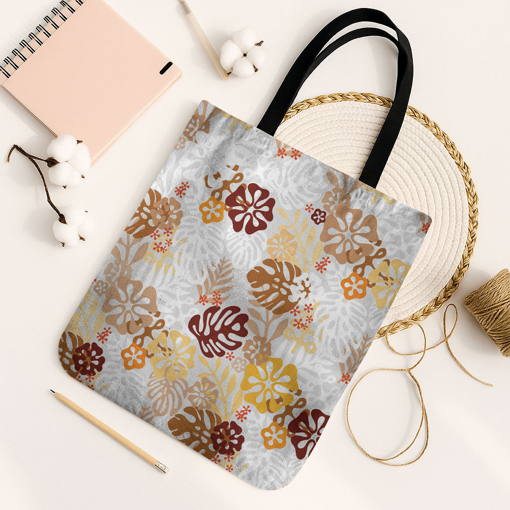 Brown Aloha Hawaiian Tote Bag Monstera Hibiscus Tropical Pattern LT19 Black Strap One Size Brown - Polynesian Pride
