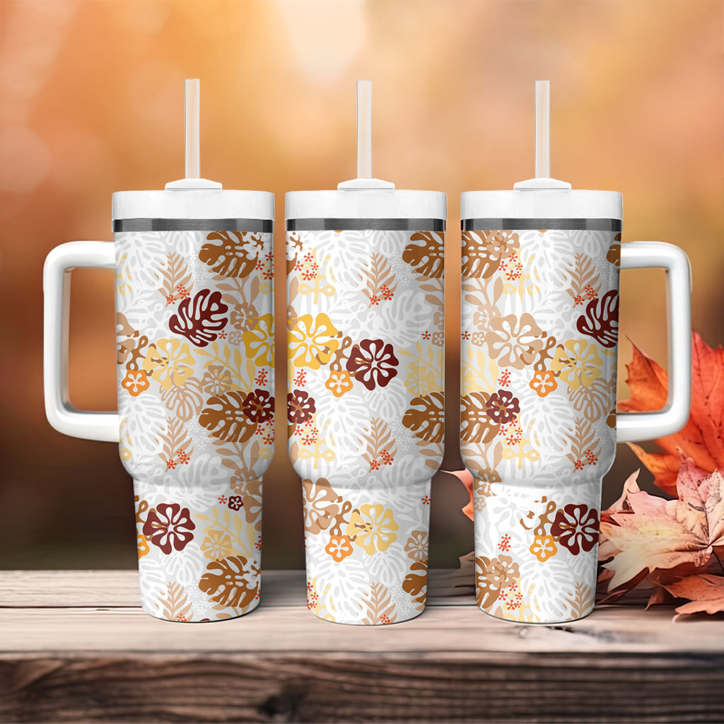 Brown Aloha Hawaiian Tumbler With Handle Monstera Hibiscus Tropical Pattern