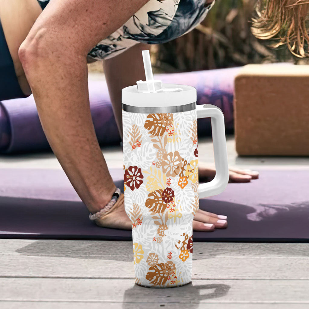 Brown Aloha Hawaiian Tumbler With Handle Monstera Hibiscus Tropical Pattern