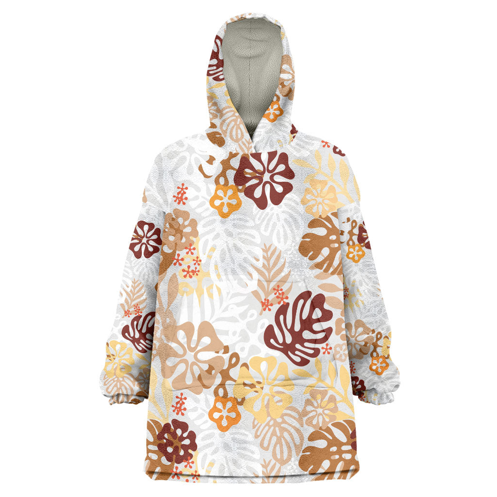 Brown Aloha Hawaiian Wearable Blanket Hoodie Monstera Hibiscus Tropical Pattern