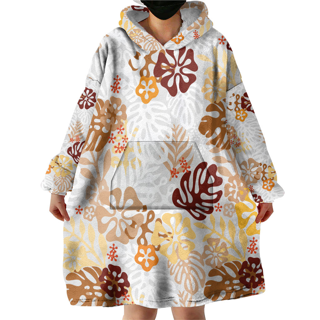 Brown Aloha Hawaiian Wearable Blanket Hoodie Monstera Hibiscus Tropical Pattern