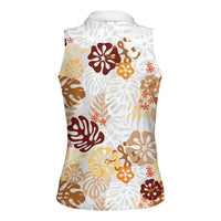 Brown Aloha Hawaiian Women Sleeveless Polo Shirt Monstera Hibiscus Tropical Pattern
