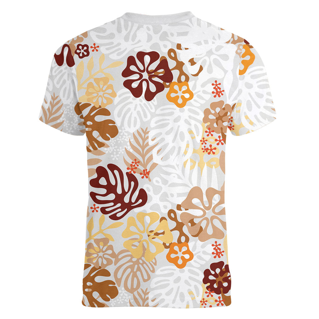 Brown Aloha Hawaiian Women V-Neck T-Shirt Monstera Hibiscus Tropical Pattern