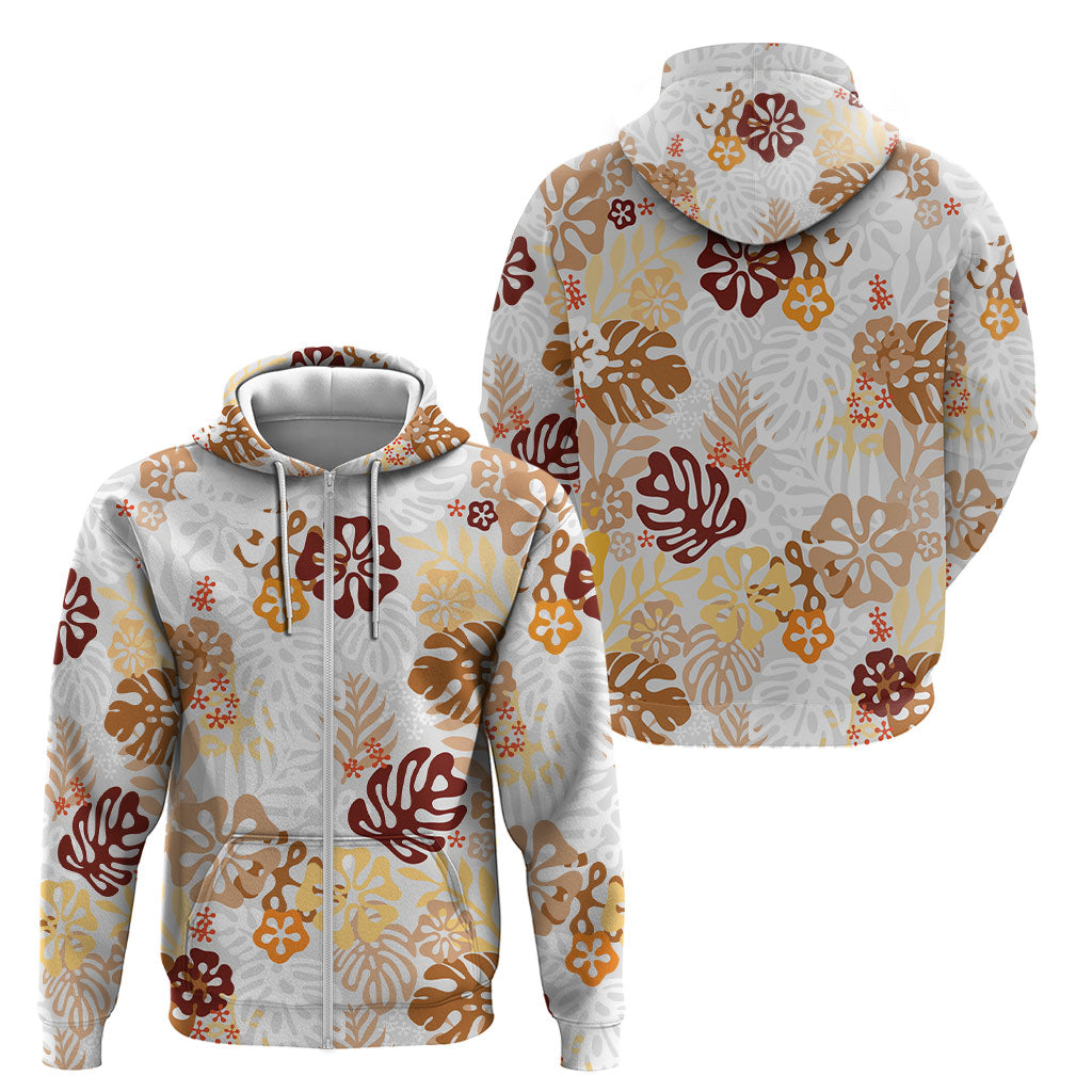 Brown Aloha Hawaiian Zip Hoodie Monstera Hibiscus Tropical Pattern