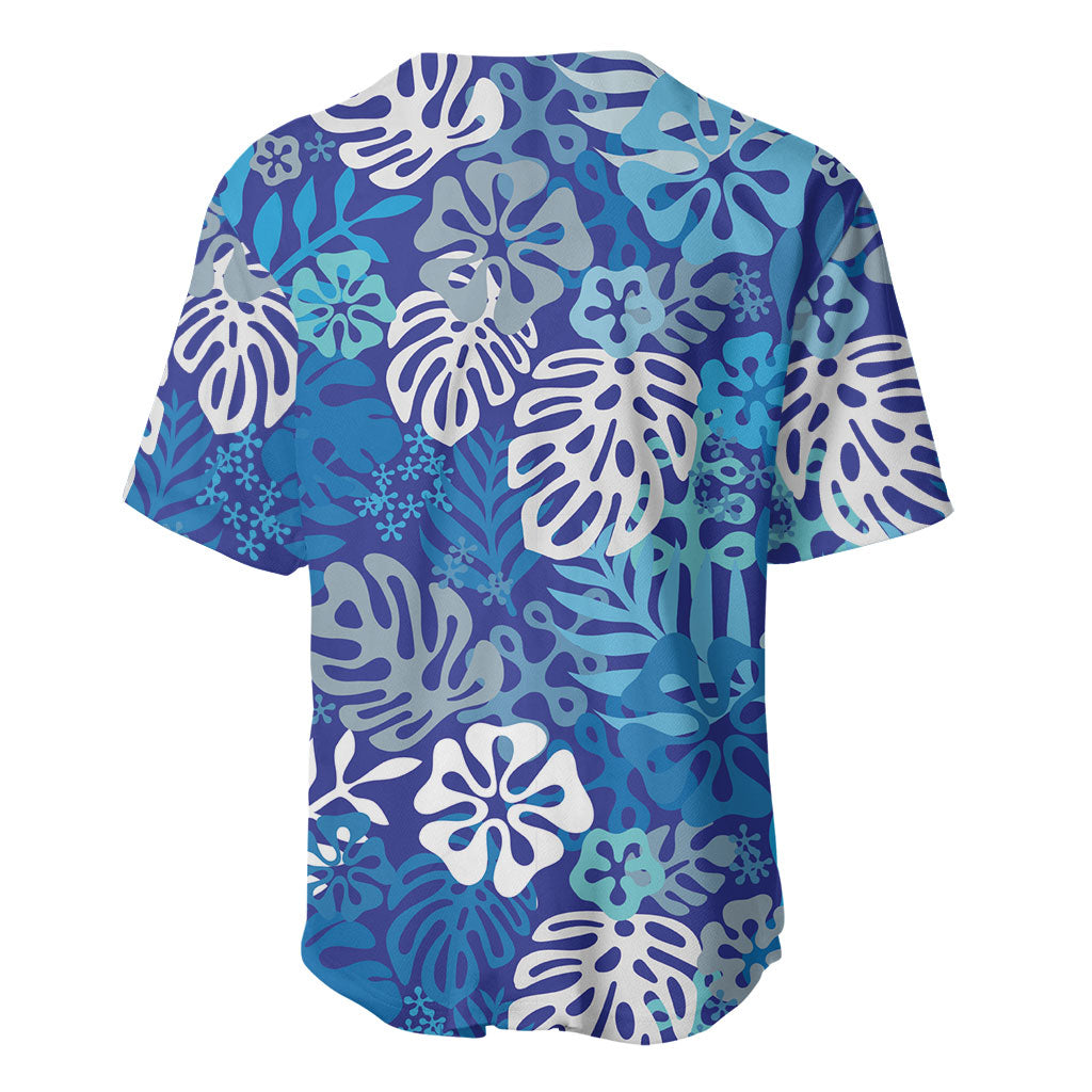 Blue Aloha Hawaiian Baseball Jersey Monstera Hibiscus Tropical Pattern
