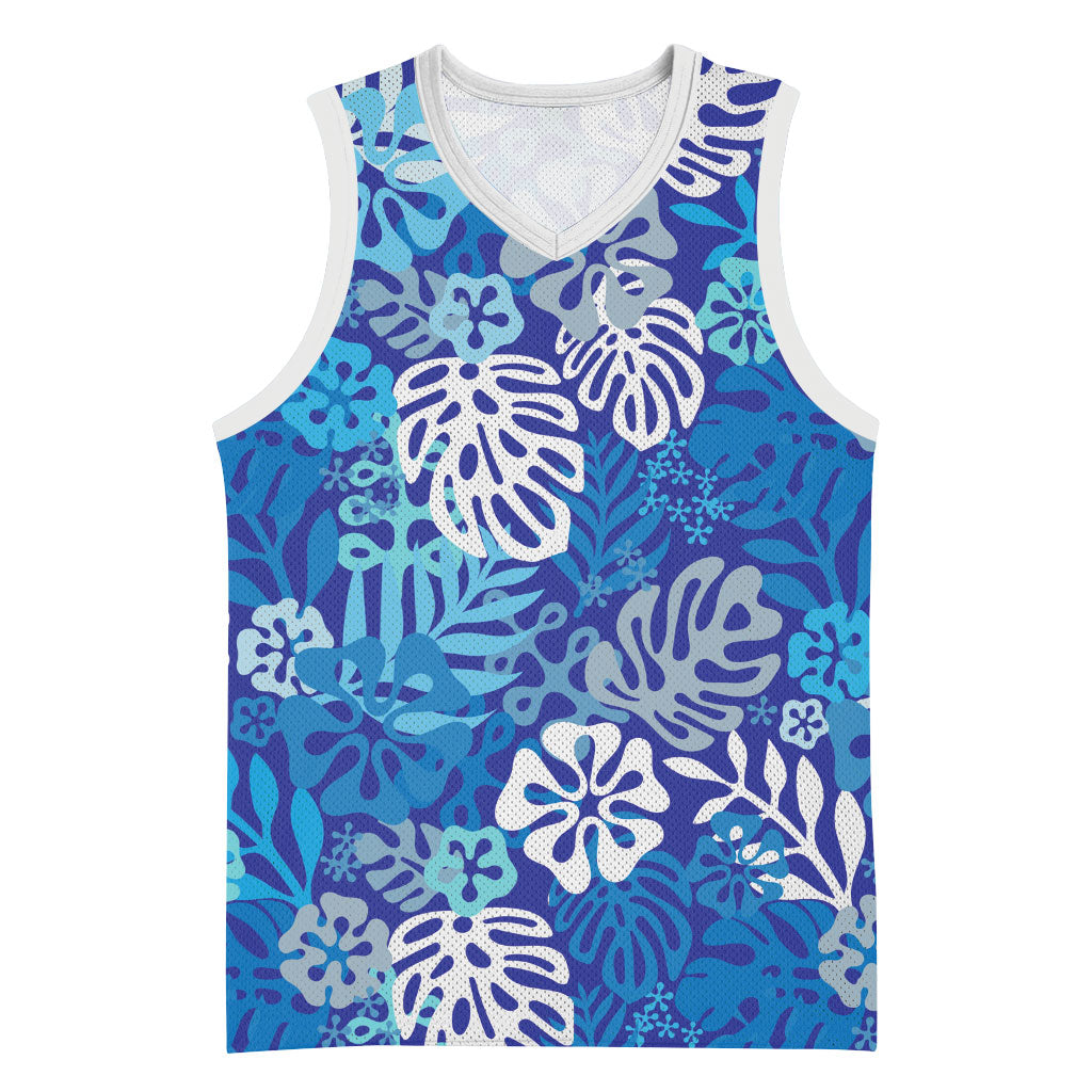 Blue Aloha Hawaiian Basketball Jersey Monstera Hibiscus Tropical Pattern