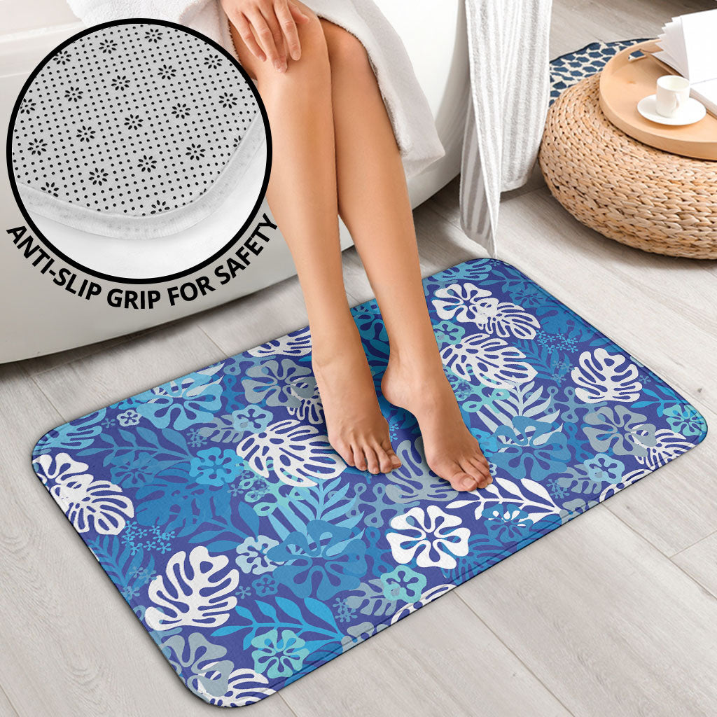 Blue Aloha Hawaiian Bathroom Set Monstera Hibiscus Tropical Pattern