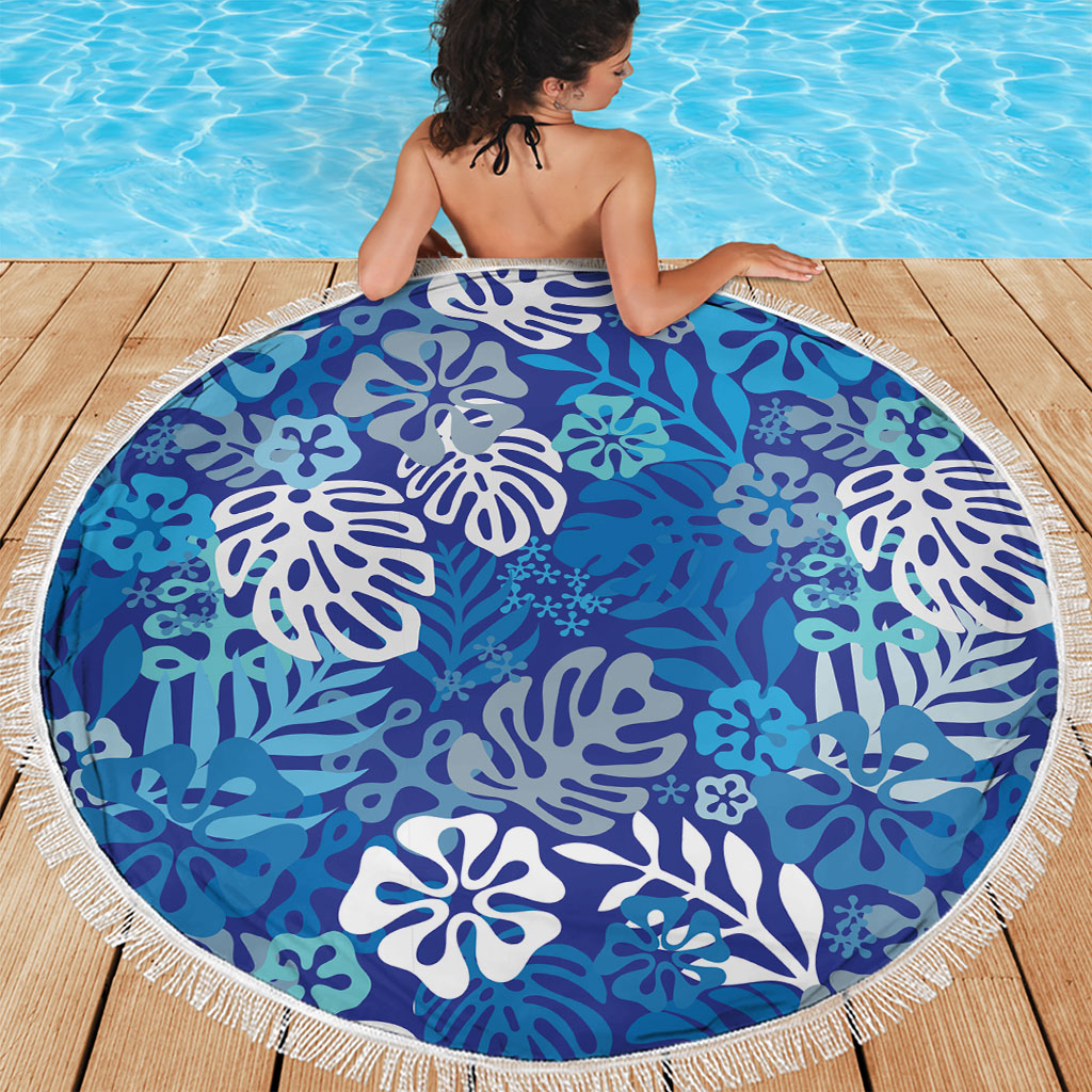 Blue Aloha Hawaiian Beach Blanket Monstera Hibiscus Tropical Pattern