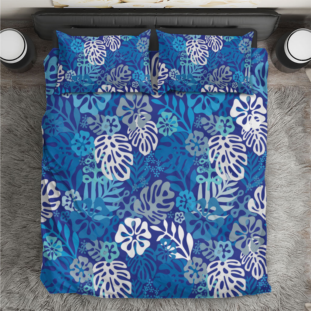 Blue Aloha Hawaiian Bedding Set Monstera Hibiscus Tropical Pattern