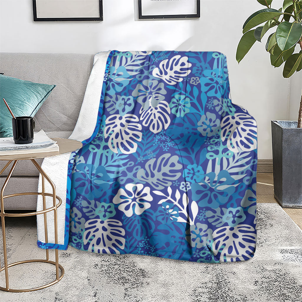 Blue Aloha Hawaiian Blanket Monstera Hibiscus Tropical Pattern