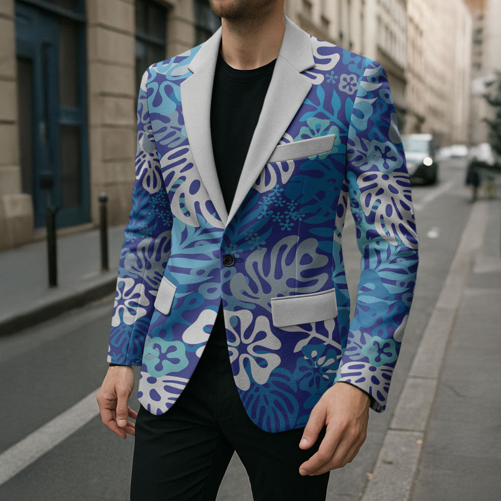 Blue Aloha Hawaiian Blazer Monstera Hibiscus Tropical Pattern